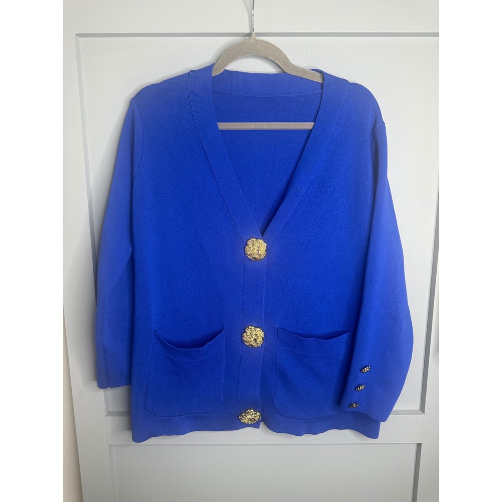MICAS Royal Blue Knit Cardigan Sweater Gold‎ Button Pockets Women's Size Large